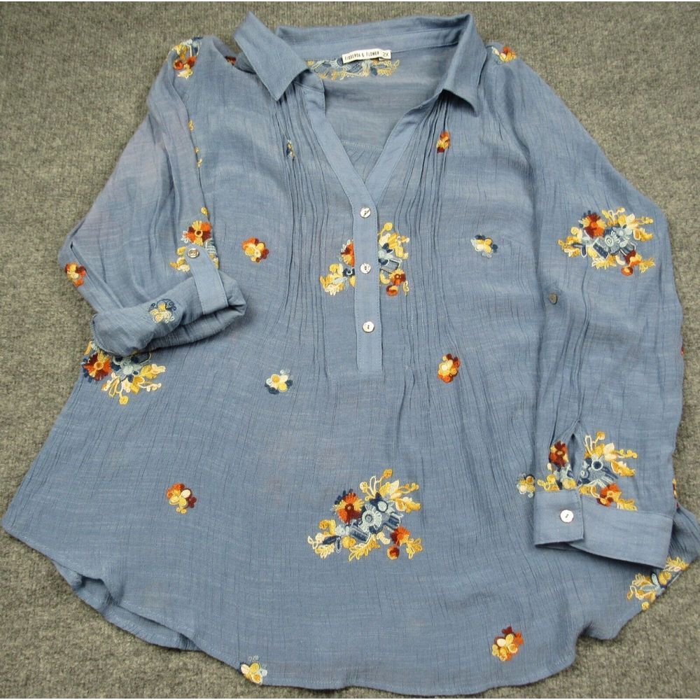 Figueroa Flower Top Women 2X Anthropologie‎ Estilo Blue Gauze Embroidered Floral